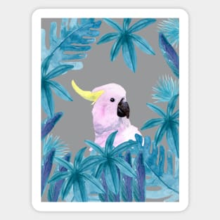 Cockatoo with tropical leaves in watercolor and an ultimate gray background Sticker